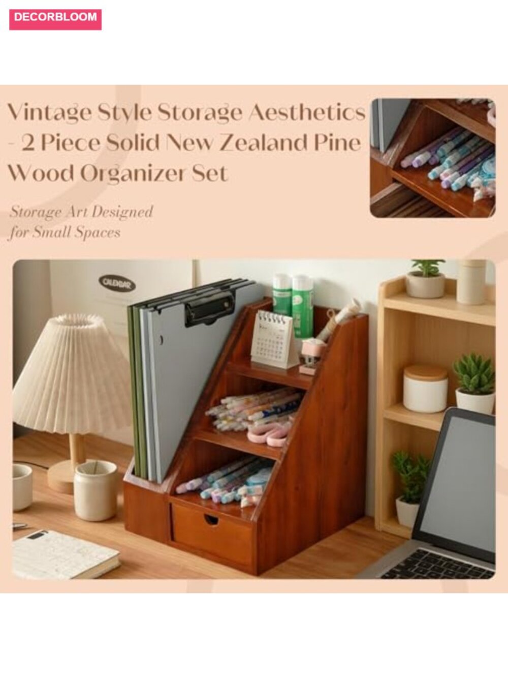 Vintage Wooden Desk Organizer Set of 2 - Desktop File Holder & Shelf with Drawer - Picture 2 of 6